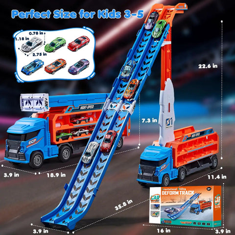 Race Track Truck Toy Set For Kids Aged 3 To 6 Years Old Four In One Carrier Truck With Dual Foldable Race Tracks, Blue