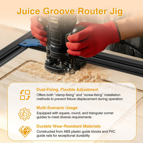 Adjustable Router Jig For Cutting Boards Up To 18 By 18 Inches in use creating grooves on wood with corner radius guides shown.