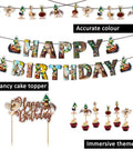 Birthday banner and topper set with animal characters and cupcakes, featuring "Happy Birthday" text for festive celebrations.
