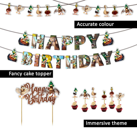 Birthday banner and topper set with animal characters and cupcakes, featuring "Happy Birthday" text for festive celebrations.