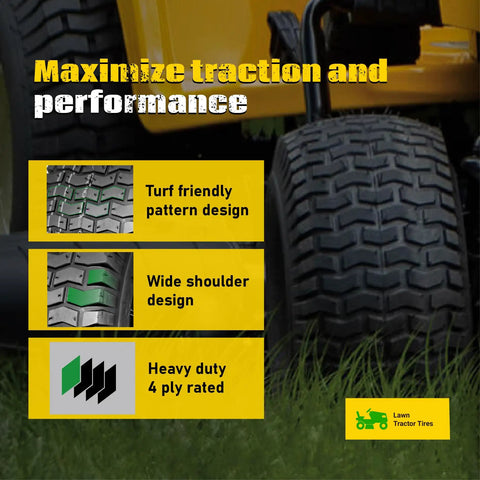 Two Pack 15x6.00-6 Tubeless Front Tire And Wheel Set For John Deere Riding Mowers With 3/4 In Bearings And 5/8 In Extras, 3 In Offset Hub, 4-Ply Heavy-Duty, Fits 100 And 300 Series lawn tractor tire with turf pattern and 4-ply rating