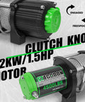 Close-up of 4500 Lb 12V Waterproof Electric Winch with Steel Cable, clutch knob, and motor for ATV and UTV recovery.