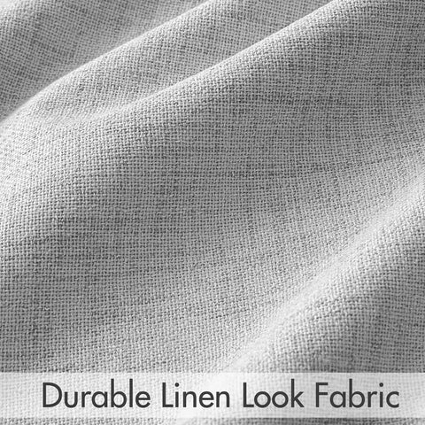 Close-up of durable linen-look fabric used in light grey 100 percent blackout curtains, 2 panels set, 72 inches long x 52 inches wide.