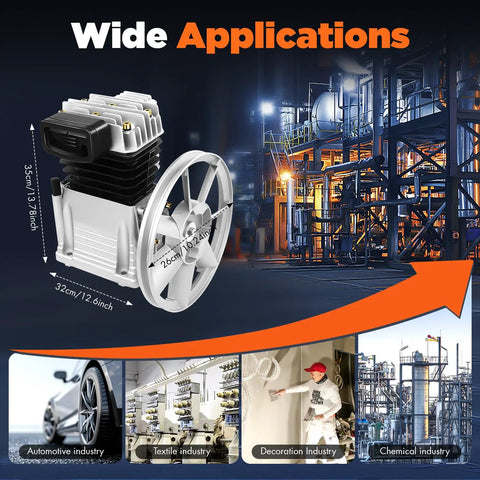 Heavy Duty 2HP Air Compressor Pump Head, Twin Cylinder Aluminum Piston For 1500W Unit, 52.83 Gallons Per Minute Discharge High Pressure Replacement, Oil Drain And Muffler Included