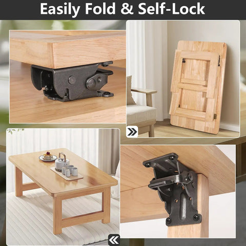 Heavy Duty 4 Pack Folding Brackets With Self Lock Hinges And Screws For Folding Table Legs And Bed Leg Support, Black Finish, Durable Steel Construction, Easy Install, Locking Extension Brackets for Stable DIY Setups. Folded table leg bracket on wood tabletop