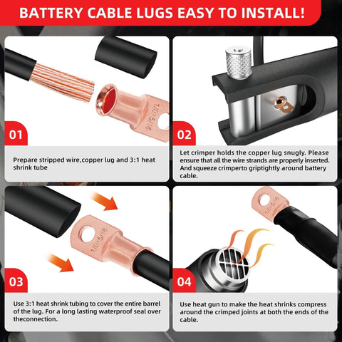 Instructions for installing the Heavy Duty Copper Wire Ring Terminals Kit For 1/0 Gauge Cables Including 3/8 Inch And 5/16 Inch Lugs