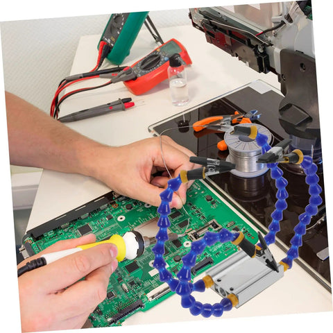 Heavy-Duty Soldering Helping Hand Tool With Flexible Arms And Welding Station Holder for expert PCB repair in use