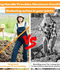Comparison of using 4 Pack 10 Tine Pitch Fork With Long Wooden Handle Heavy Duty Muck Rake Broadfork Garden Tool For Manure Cleanup In Horse Stalls And Farms Durable Steel Tines Comfortable Grip Weather Resistant versus a regular fork, highlighting comfort and joint health with long handle benefit.