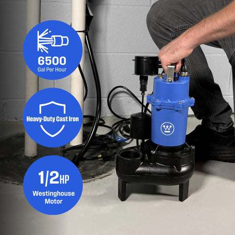 Heavy Duty Half HP Sewage Pump Be The Workhorse For Basements Submersible Ejector 6,500 GPH 2 Inch Discharge Vertical Float