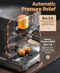 Pro Barista 15 Bar Espresso Machine With Precision 58 Millimeter Portafilter displaying automatic pressure relief features and coffee extraction.