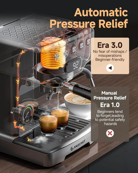 Pro Barista 15 Bar Espresso Machine With Precision 58 Millimeter Portafilter displaying automatic pressure relief features and coffee extraction.