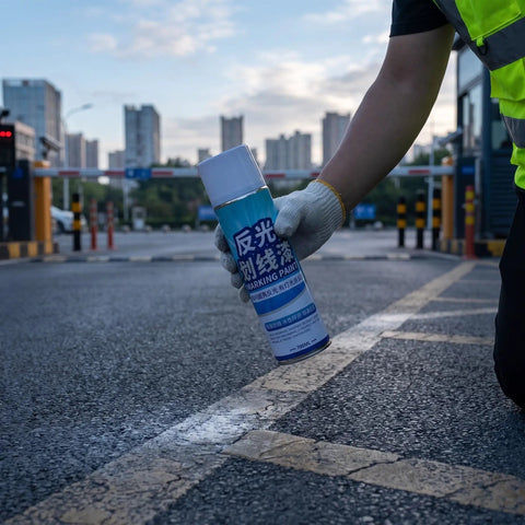 Zerodeko Pavement Striping Paint, Reflective Night Road Visibility Spray held by a worker applying on pavement.