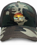 Everyday Camouflage Trucker Cap For Men with "I Know the Owner Too" text above sunset and glasses design.