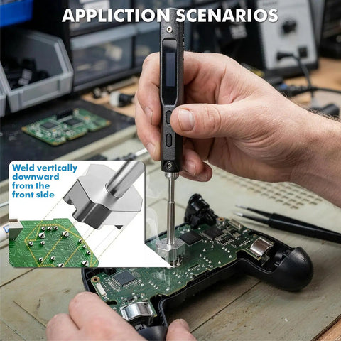 Multi Pin Controller Soldering Iron Tip Kit With TS100 And 936 Adapters, Chrome Plated Copper Tips For Fast Heat Transfer And Precision Alignment, Gamer Grade Desoldering For PS5 PS4 Xbox Series X And S Xbox One And Switch Controllers. used on a game controller PCB