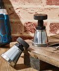 Top Notch 2 Pack Adjustable Machine Screw Jacks 5 Ton Capacity Compact Alloy Steel Leveling Stands For CNC Mills Lathes Drill Presses. Two jacks on a wooden surface.