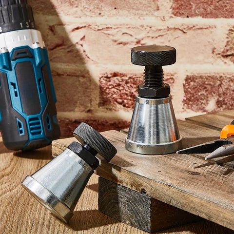 Top Notch 2 Pack Adjustable Machine Screw Jacks 5 Ton Capacity Compact Alloy Steel Leveling Stands For CNC Mills Lathes Drill Presses. Two jacks on a wooden surface.