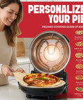 Woman using 14 Inch Electric Indoor Pizza Oven With Stone For Crispy Crust Pizza Heats To 800F And Cooks In Under 6 Minutes, Countertop Model.
