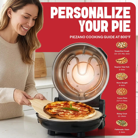 Woman using 14 Inch Electric Indoor Pizza Oven With Stone For Crispy Crust Pizza Heats To 800F And Cooks In Under 6 Minutes, Countertop Model.