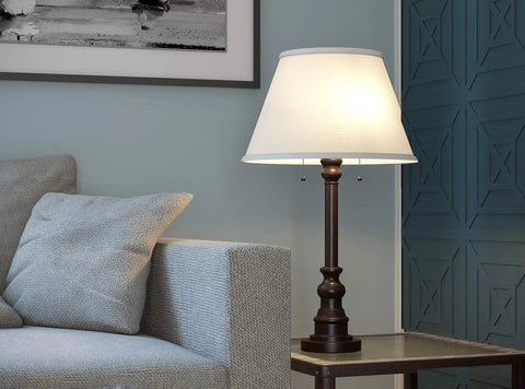 Spyglass Table Lamp With Bronze Finish, Dual Pull Chains, White Linen Shade, Retro Modern Luxe Vibe