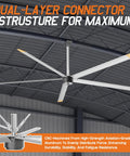 Industrial 144 Inch Aluminum Ceiling Fan Equipped With An Ultra Quiet Dc Motor And Five Heavy Duty Blades Delivering Kickin Airflow For Warehouses And Spacious Rooms In Sleek Silver Gray Finish showcasing dual-layer connector structure for maximum durability.