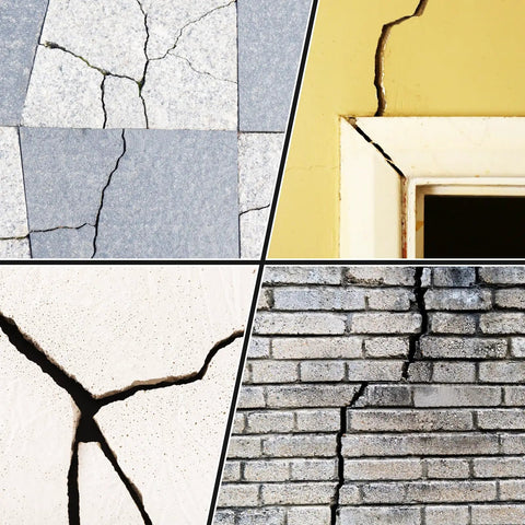 Various cracked surfaces including concrete, walls, and tiles illustrating need for Hardcore Foam Backer Rod For Zero Sweat Gap Filling And Concrete Crack Patching Joints Chill Out Caulking Saver Rope Quarter Inch By 33 Feet Built Like A Tank.