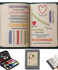 DIY Embroidery Stitch Book Kit With 106 Illustrated Stitches, Free Tutorials, 86-Piece Sewing Tool Kit, open showing stitch samples