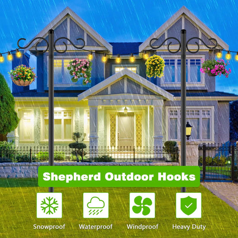 Two Pack 90 Inch Bird Feeder Pole With Five Prongs Base Heavy Duty Double Shepherds Hooks For Outdoor Garden Lanterns in rain