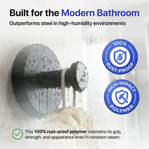 No Drill Suction Cup Hooks For Shower And Bathroom showing black hook holding a towel in a high humidity environment, waterproof
