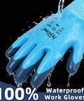 Blue waterproof work gloves with Hycool grip, fully dipped latex, for dry hands slip resistant dexterity in wet conditions.