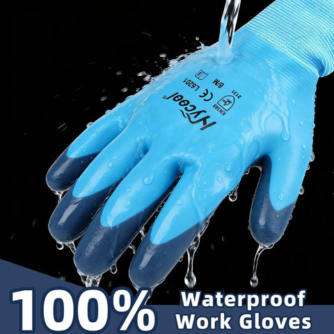 Blue waterproof work gloves with Hycool grip, fully dipped latex, for dry hands slip resistant dexterity in wet conditions.