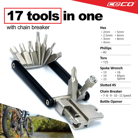 Ultra Slim 17 Function Bike Tool with Chain Breaker featuring multiple tool bits displayed on white background.