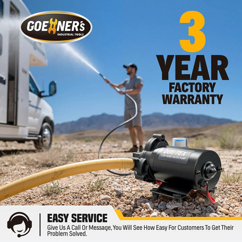 Ultra Quiet 12V DC RV Water Pump With 4.5 GPM And 45 PSI Diaphragm Design in use beside camper