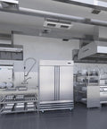 Heavy Duty 47 Cubic Foot Commercial Upright Freezer Double Door Stainless Steel Reach In Unit For Restaurants Bars And Shops in kitchen.
