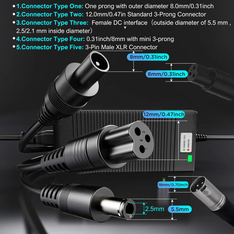 UL Certified 42V 2A Fast Charger With 5 Interchangeable Plugs For 36V Lithium Batteries, Your Go To Segway Ninebot Scooter Charger That Works With Pocket Mod, Sports Mod, ES Series, E Series And More