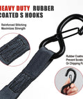 Close-up of heavy-duty rubber-coated S hook with reinforced stitching from Four Pack Heavy Duty Retractable Ratchet Straps 1 Inch By 12 Feet With 1500 Pound Break Strength Auto Self Retracting Tie Downs S Hook With Safety Clips For Trucks Cargo ATV And Motorcycle.
