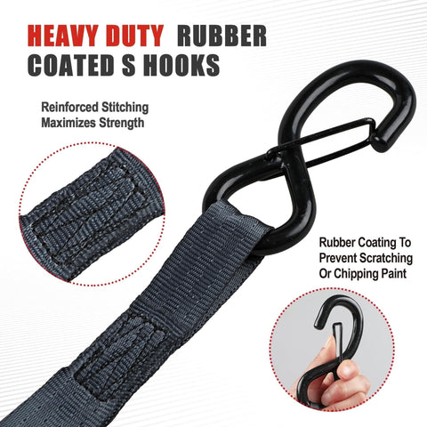 Close-up of heavy-duty rubber-coated S hook with reinforced stitching from Four Pack Heavy Duty Retractable Ratchet Straps 1 Inch By 12 Feet With 1500 Pound Break Strength Auto Self Retracting Tie Downs S Hook With Safety Clips For Trucks Cargo ATV And Motorcycle.