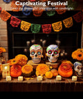 Homemory flameless LED tea lights for votive centerpieces; warm glow among sugar skulls, orange marigolds, pumpkins.