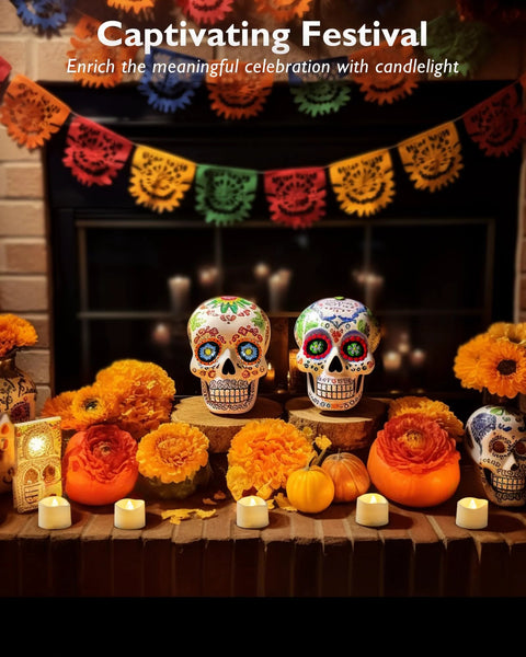 Homemory flameless LED tea lights for votive centerpieces; warm glow among sugar skulls, orange marigolds, pumpkins.