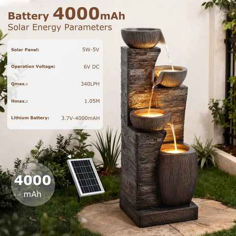 38.2 Inch Solar Powered Outdoor Water Fountain with Four Tier Cascading Bowls and Stacked Stones LED Lights on patio