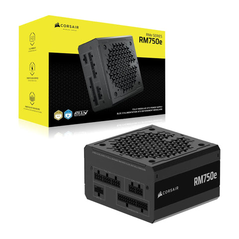 Fully Modular Low Noise 750W ATX 3.1 Power Supply With 12V 2x6 Cables, PCIe 5.1 Ready, Gold Efficiency, 105C Rated Capacitors, Modern Standby Mode, Black, shown with packaging and modular ports visible.