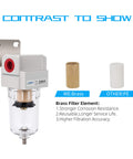 One Quarter Inch NPT Compressed Air Line Filter With Five Micron Brass Element Bracket Poly Bowl Semi Auto Drain 145 Psi Max Inlet