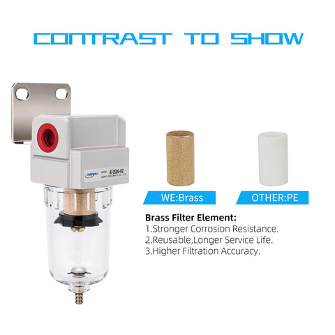 One Quarter Inch NPT Compressed Air Line Filter With Five Micron Brass Element Bracket Poly Bowl Semi Auto Drain 145 Psi Max Inlet