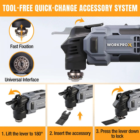 20V Brushless Cordless Oscillating Multi Tool Kit With Quick Change Accessories, Variable Speed Control, Lightweight Design, Long Battery Life For Cutting, Sanding, Grinding, Trimming And Detail Work For Diyers On The Job showing quick-change lock lever