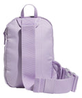 Powder plum purple mini sling crossbody bag for festivals and travel with multiple zippered pockets and padded back panel.