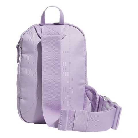 Powder plum purple mini sling crossbody bag for festivals and travel with multiple zippered pockets and padded back panel.