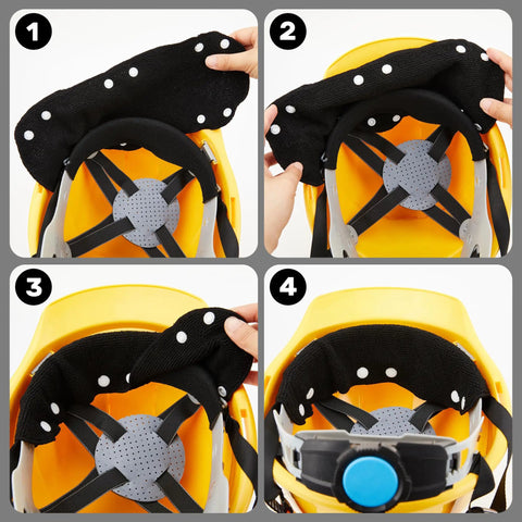 10 Pack Cotton Hard Hat Sweatbands 10 Inch By 5.5 Inch Liner Washable Reusable Inner Bands With 8 Snap Fasteners Black installation