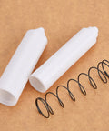 Four Pack Universal Toilet Paper Holder Replacement Rods Spring Loaded Plastic Retractable Paper Roll Inserts Fits Most Standard Bathroom Fixtures White Must Have Easy Install, showing two white rods and a spring on brown background