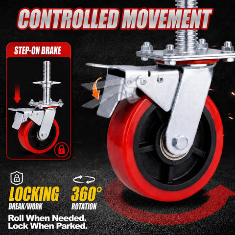 Heavy Duty 4 Pack 6 Inch Adjustable Scaffolding Caster Wheels With Roll Lock Brakes And High Rotation Swivel Design close-up of wheel with locking brake