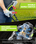 Close-up of 18 Inch Electric Tiller Cultivator with 13.5 Amp Motor highlighting safety switch and motor design.
