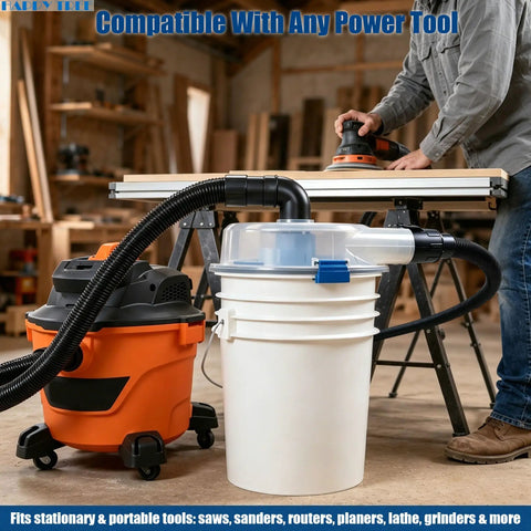 Low-Profile Cyclone Dust Separator with 2-1/2 Inch Hose in workshop setting prevents clogs and keeps suction strong.